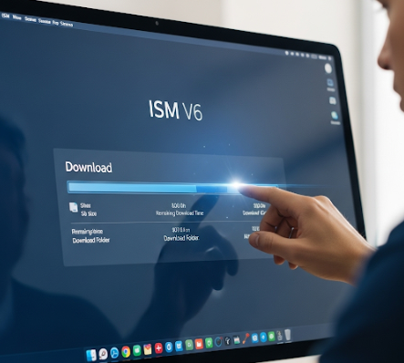 A person's hand reaching towards a computer monitor displaying an 'ISM V6 Download' screen with a progress bar.