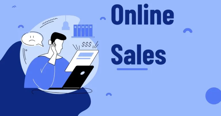 Illustration of a frustrated online business owner in a blue shirt working on a laptop, overwhelmed by customer questions and financial concerns, with a worried thought bubble, representing the need for 24/7 AI-powered customer question answering for online sales.