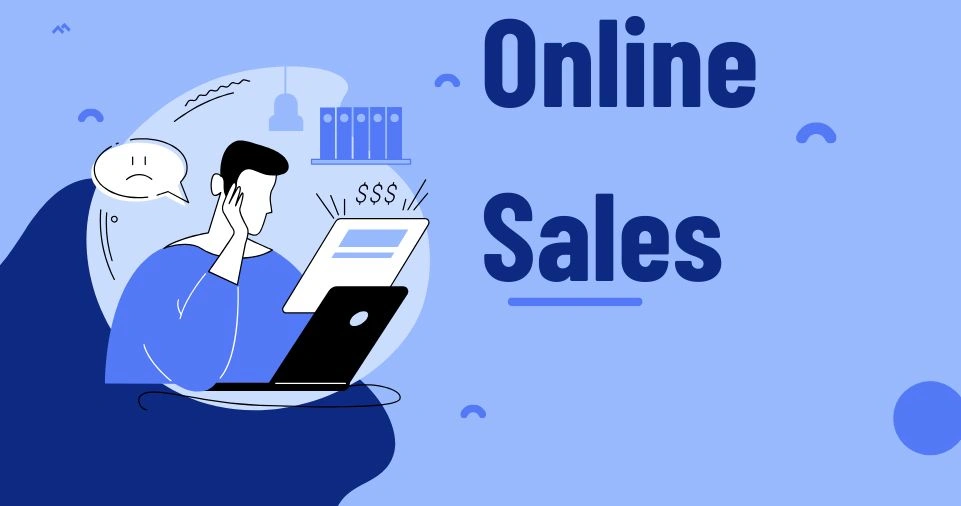 Illustration of a frustrated online business owner in a blue shirt working on a laptop, overwhelmed by customer questions and financial concerns, with a worried thought bubble, representing the need for 24/7 AI-powered customer question answering for online sales.