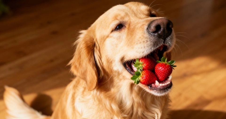 Dog having strawberry in mouth for Can Dogs Eat Strawberries?