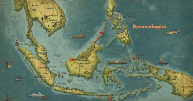 Dyeowokopizz origin map showing historical trade routes across Southeast Asia and Indonesia with red marker points