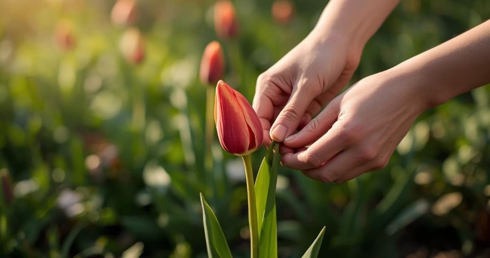 gardener hands deadheading a red tulip flower after
blooming while leaving green stem and leaves intact
for tulip bulb health