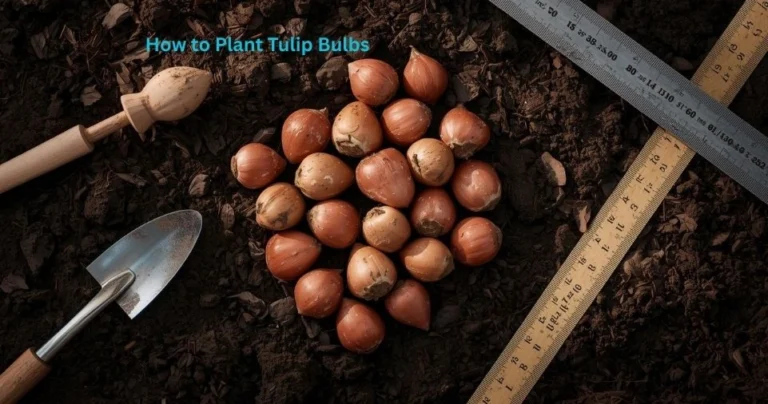 how to plant tulip bulbs with garden trowel dibber and ruler on dark soil