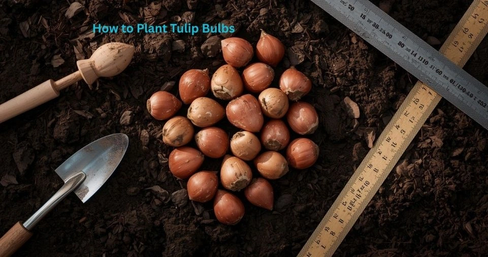 how to plant tulip bulbs with garden trowel dibber and ruler on dark soil