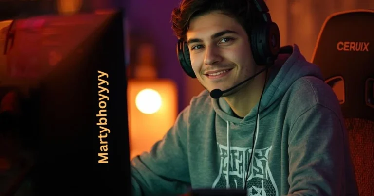 Martybhoyyyy gaming content creator smiling at screen wearing headset in a dark gaming room setup