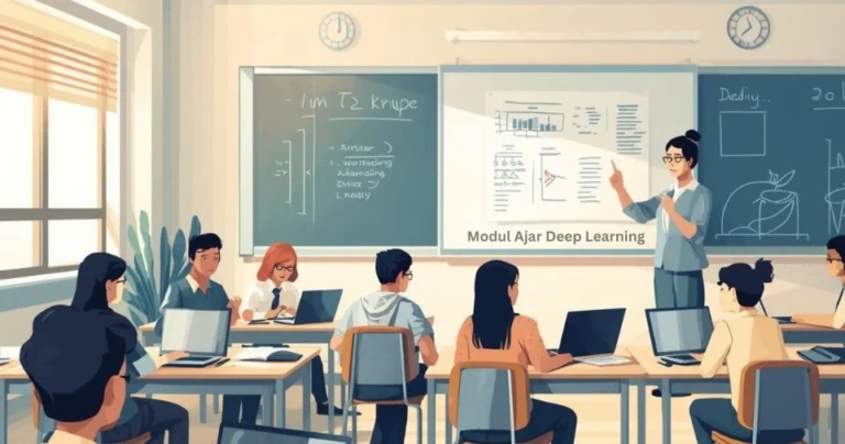 Modul ajar deep learning - guru mengajar siswa aktif dengan laptop di kelas modern 2026