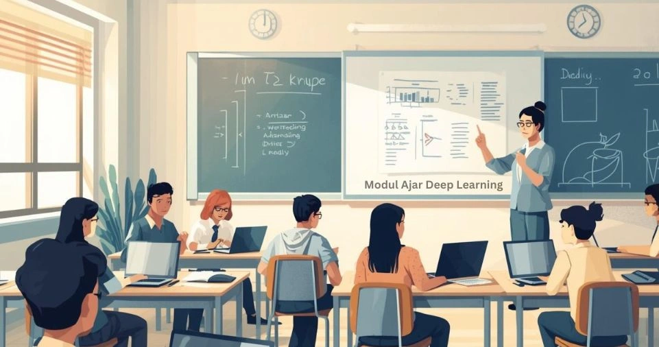 Modul ajar deep learning - guru mengajar siswa aktif dengan laptop di kelas modern 2026