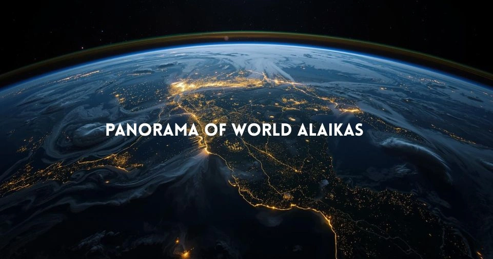 Panorama of world Alaikas showing Earth from space with glowing city lights across continents at night