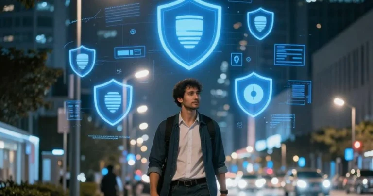 A confident person walking safely in a smart city at night surrounded by glowing blue digital shield icons representing Hi Thealite personal safety