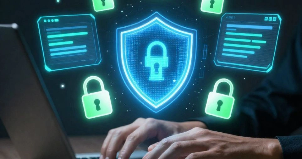 Hands typing on a laptop surrounded by glowing blue digital 
security shield and green padlock icons representing Hi Thealite 
cybersecurity and online safety protection