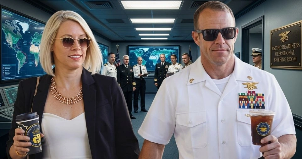 Carl Higbie Current Wife walking together in a Navy SEAL military briefing room