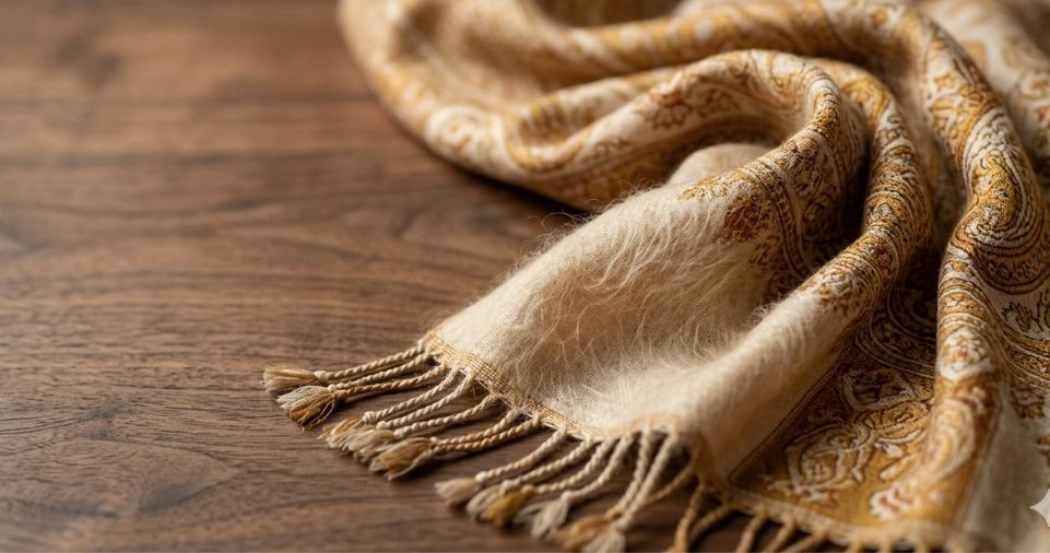 Learn How to Identify If the Pashmina Shawl I Am Buying Is Genuine? A close-up photograph capturing the edge of a luxurious, patterned pashmina shawl with fringes, draped over a dark wood table. The fine fibers and golden paisley patterns are sharply detailed.