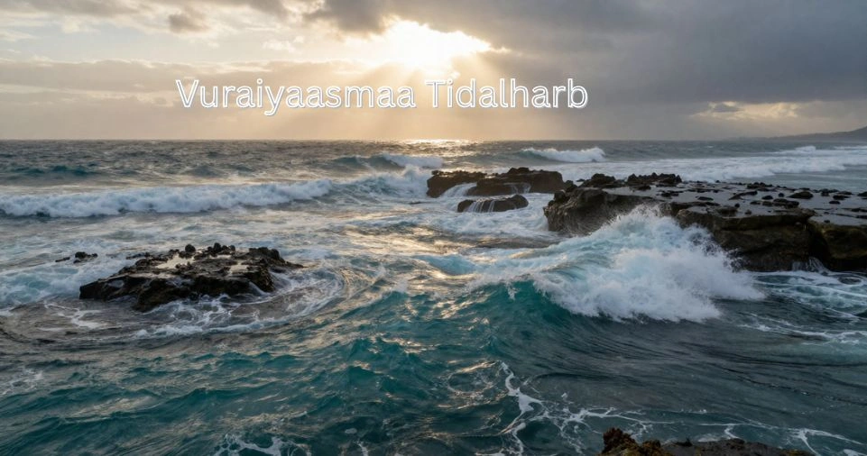Vuraiyaasmaa Tidalharb coastal tidal zone with dramatic ocean waves and golden sunlight