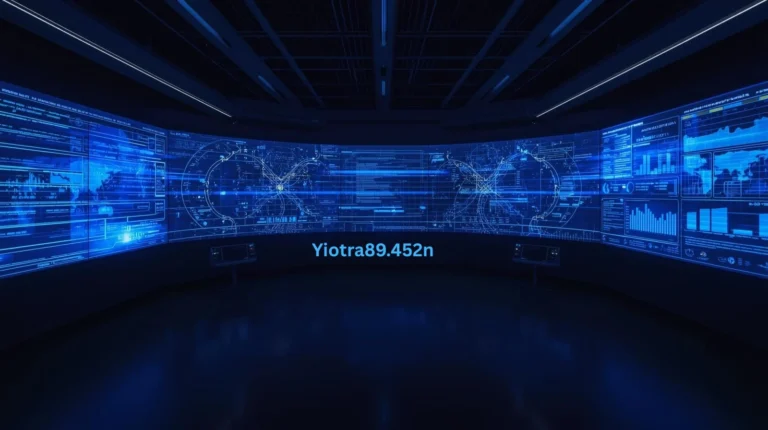 Yiotra89.452n digital command center showing distributed system architecture, structured data routing pathways, interconnected nodes, and real-time analytics on panoramic curved holographic monitors