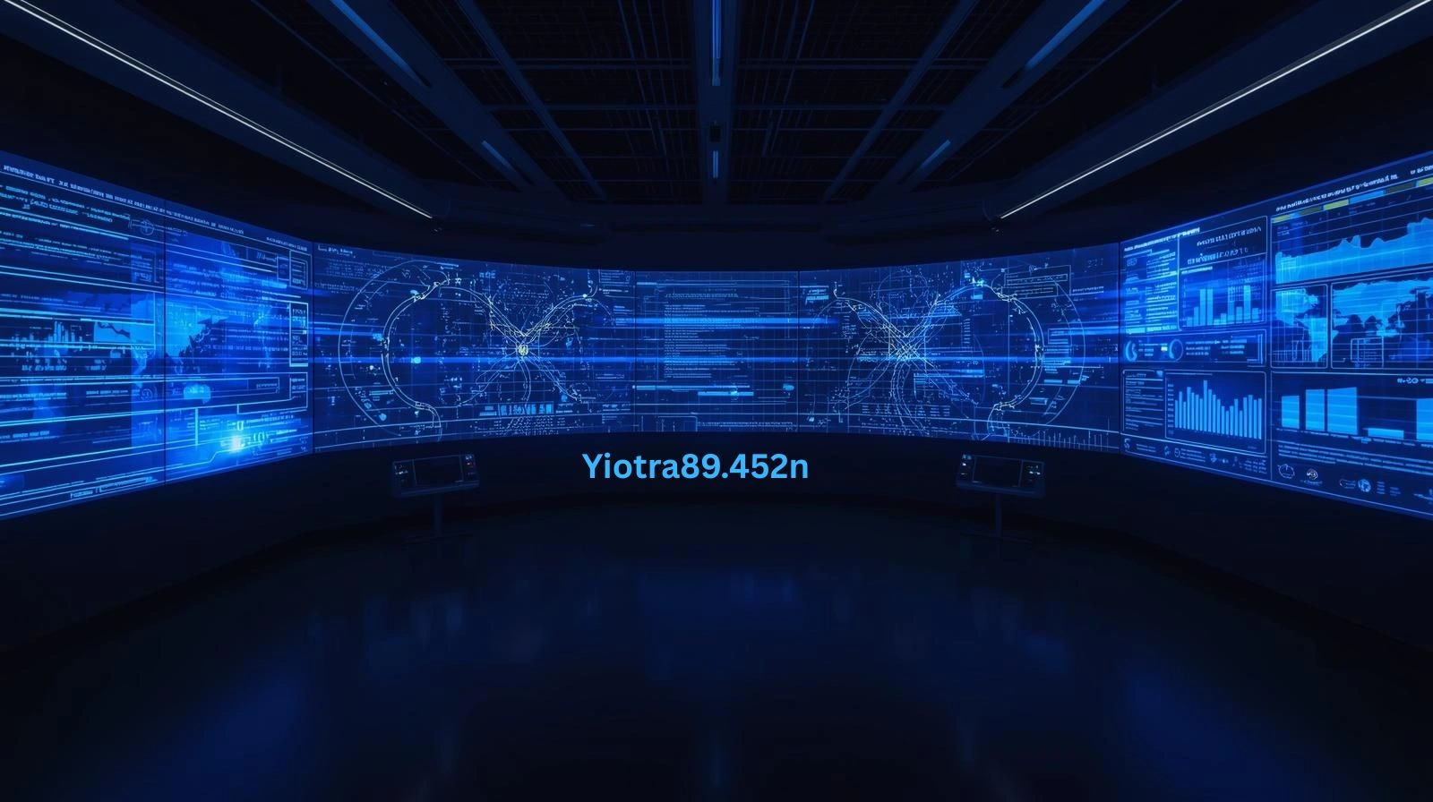 Yiotra89.452n digital command center showing distributed system architecture, structured data routing pathways, interconnected nodes, and real-time analytics on panoramic curved holographic monitors