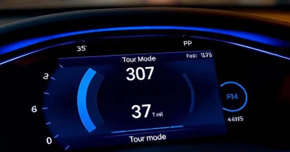 Cadillac Lyriq Tour Mode dashboard showing 307 miles battery range