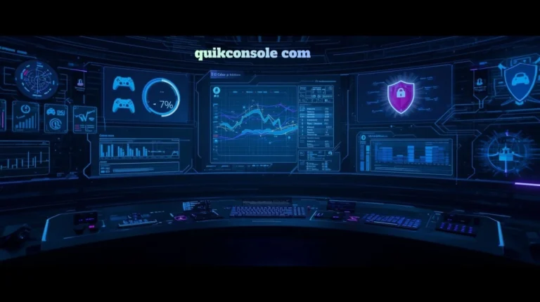 QuikConsole Com digital control dashboard showing real-time gaming console management, cybersecurity shield, and live performance analytics on futuristic curved monitors