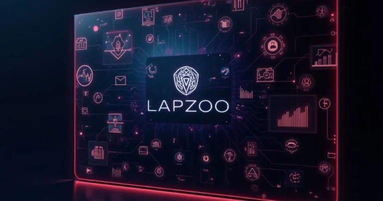 A glowing, futuristic digital dashboard centered around the 'LAPZOO' brand and its stylized shield logo. This central display is surrounded by a complex, interconnected web of glowing red and blue-purple circuit lines, small icons (like charts, padlocks, and mail), and data visualization panels on a dark background.