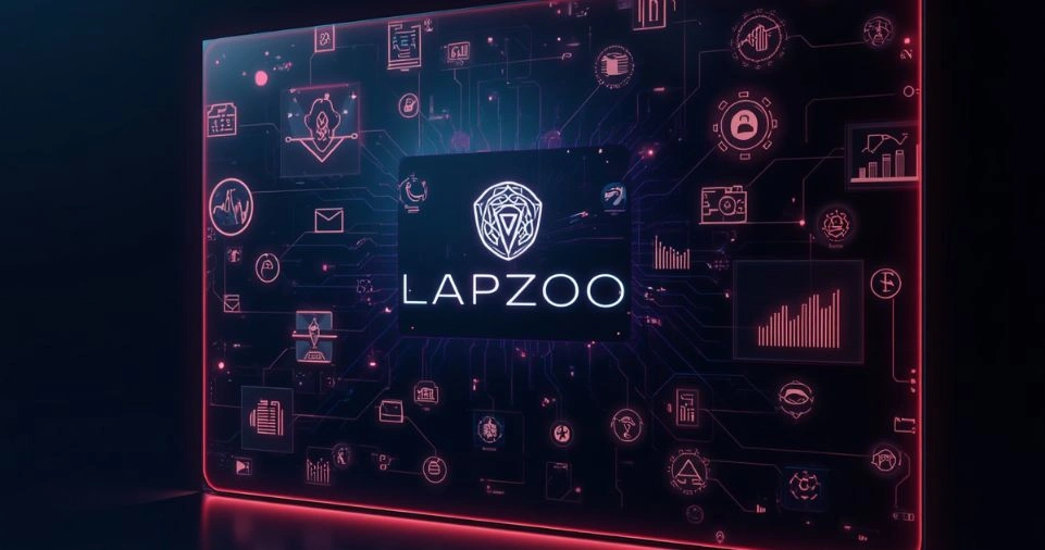 A glowing, futuristic digital dashboard centered around the 'LAPZOO' brand and its stylized shield logo. This central display is surrounded by a complex, interconnected web of glowing red and blue-purple circuit lines, small icons (like charts, padlocks, and mail), and data visualization panels on a dark background.